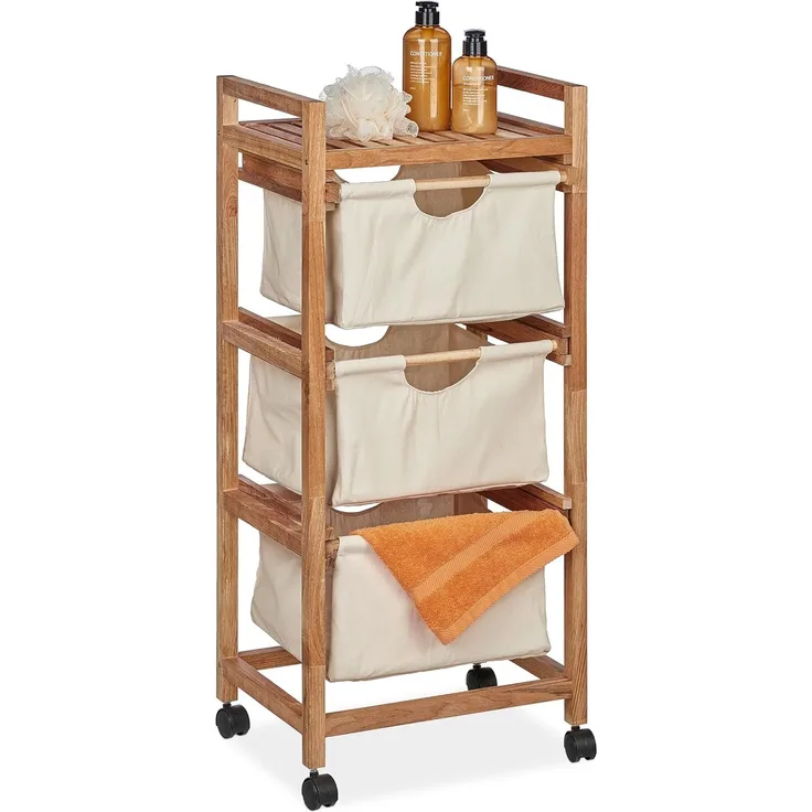 Relaxdays Badregal mit 3 Wäschekörben beige