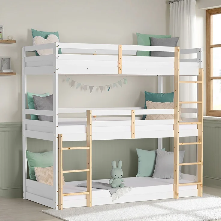 Homestyle4u Kinderbett Etagenbett 90x200 Kinder Dreifachbett Hochbett Weiß Holz Natur Stockbett Spielbett – Bild 2