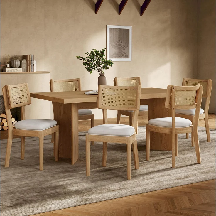 Esszimmerstuhl-Set 4er-Set 88×50×58cm aus Massivholz mit Rattan-Rückenlehne und Leinenpolster in Holzfarbe – Bild 3