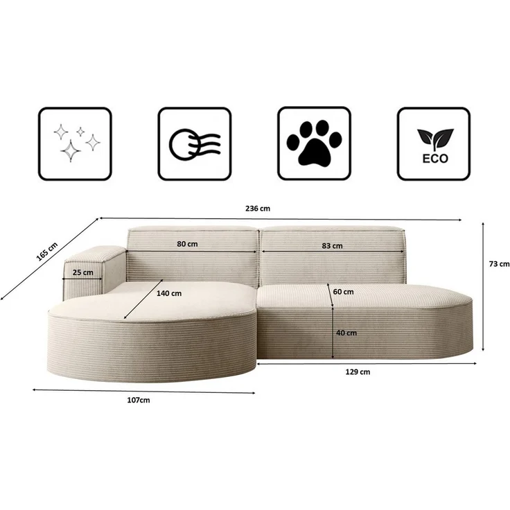 Kaiser Möbel Ecksofa Designer MODENA STUDIO L stoff Cord, Ecksofa, Cord Sofa, L-Form, Links/Rechts wählbar – Bild 2