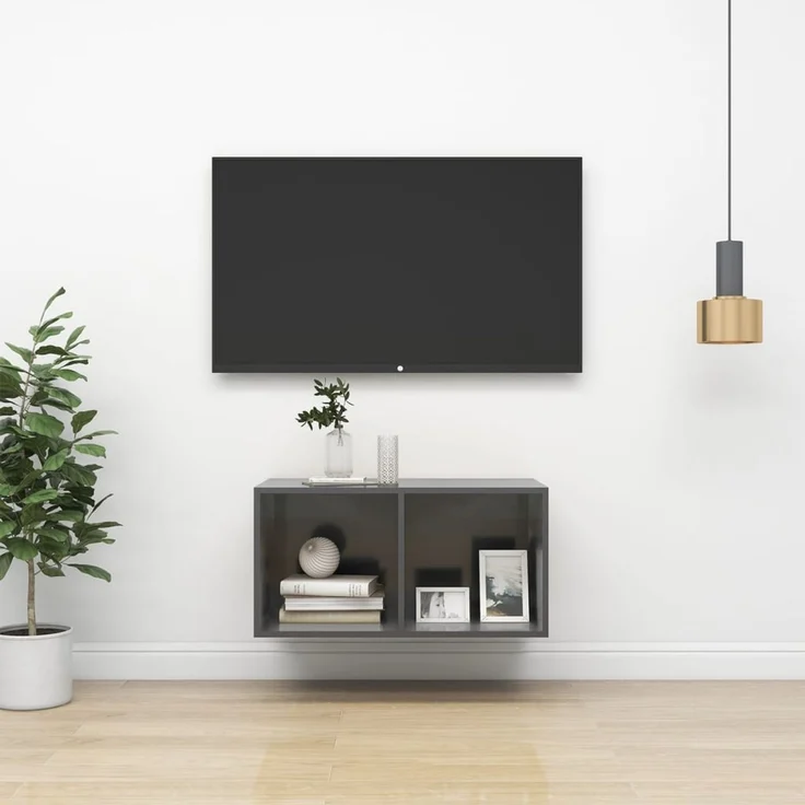 TV-Wandschrank, TV-Hängeboard Fernsehschrank Hochglanz-Grau 37x37x72 cm Holzwerkstoff – Bild 1