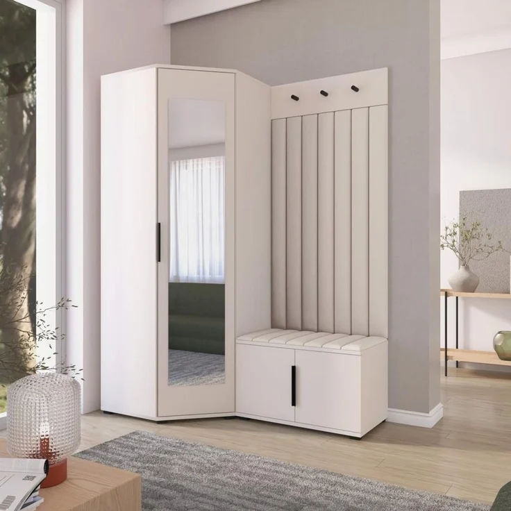 Garderoben-Set Napoli Version 21: Eckschrank mit Polsterpaneelen, Schuhschrank Flur und Eingangsbereich (Cashmere/Trinity 01), 189 x 70 x 140 cm – Bild 7