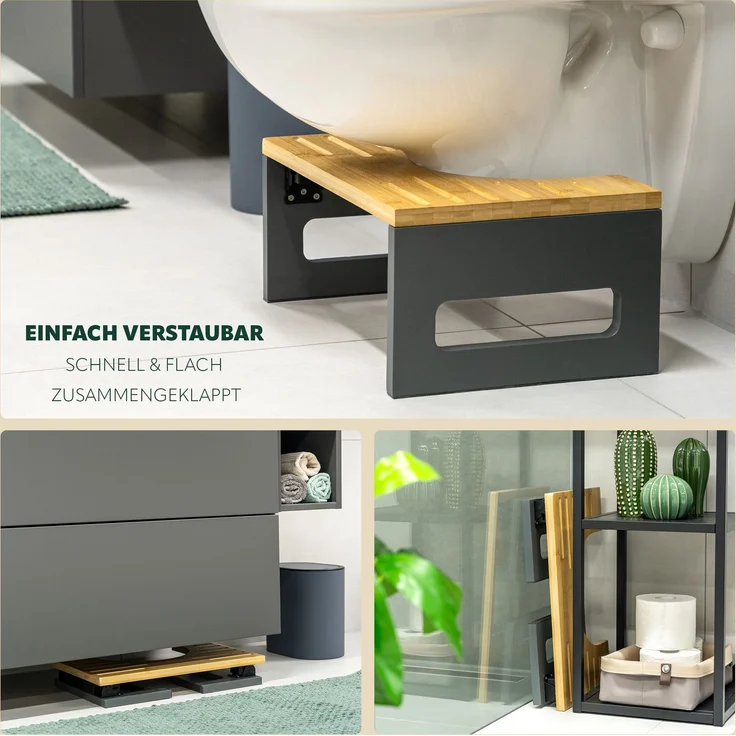 eluno Toilettenhocker, Fußbank aus Bambus, platzsparend zusammenklappbar, grau – Bild 5