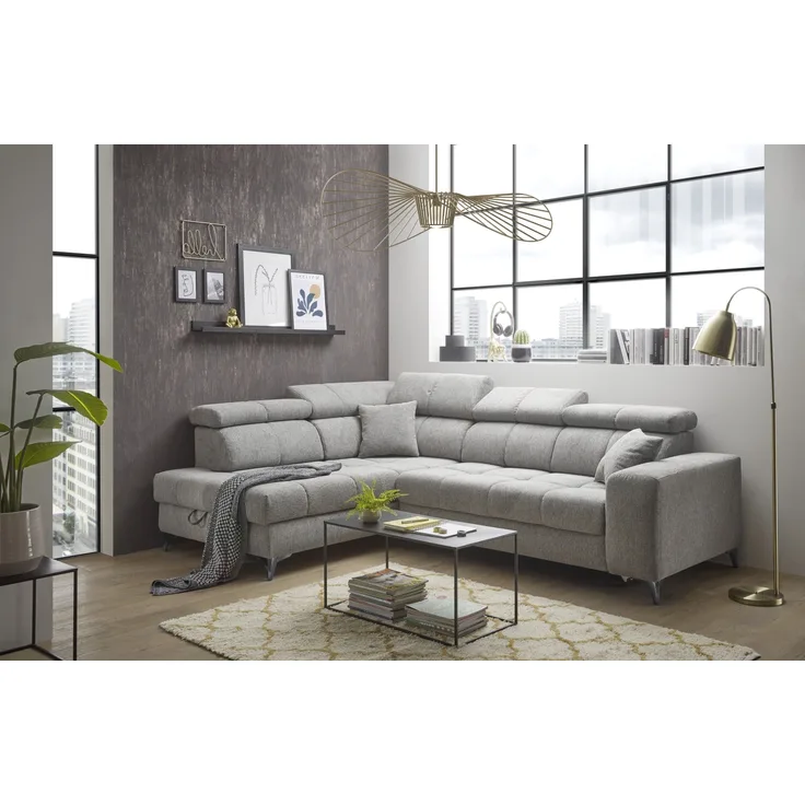 Ecksofa >SYDNEY< Elektrische Sitztiefenverstellung, 5 verstellbare Kopfstützen, Bettkasten, Bezugsstoff "taupe" - 282x105x198 (BxHxT)