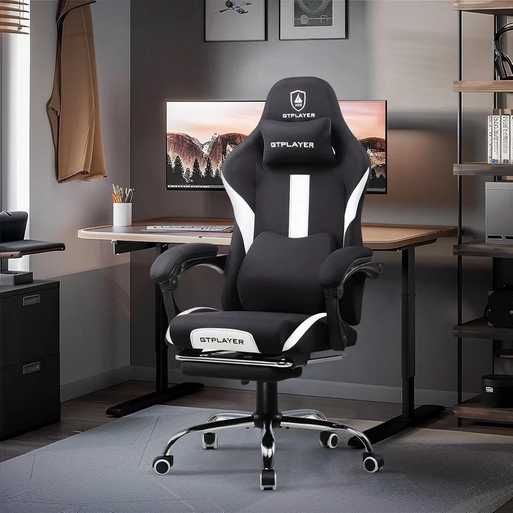 GTPLAYER Gaming-Stuhl Ergonomischer Gaming Sessel Schreibtischstuhl Gamer Stuhl aus Stoff, Federsitzkissen mit Fußstütze – Bild 2