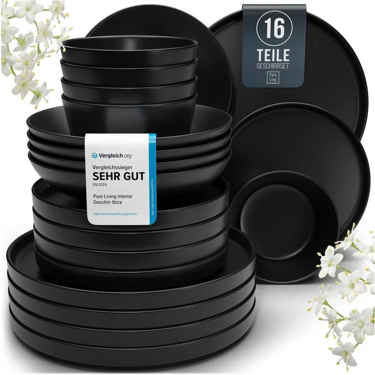 Steingut Geschirrset 4 Pers. Manhattan 16-tlg Hochwertiges Urban Style TEST SEHR GUT Steingut Geschirr Set - Schüssel- und Teller Set - Tafelservice 4 Personen Geschirrsets Pure Living in matt schwarz – Bild 1