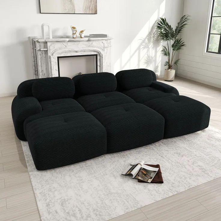 EINHOM Modulares 3-Sitzer-Sofa mit 3 Hockern aus Cordstoff, Rahmenloses Sofa, montagefreie Lieferung, haustierfreundlich, ultra-breite Armlehnen, 32D hochelastische Polsterung für Wohnzimmer und Heimkino, Black