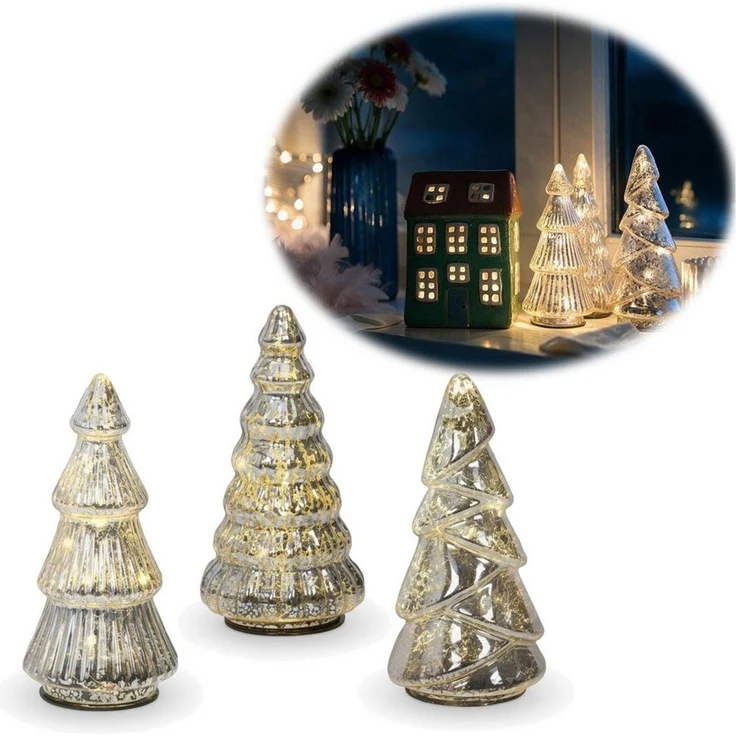 LS-LebenStil Lichterkette 3 Glas Tannenbaum 8 LED 15cm Silber Set Weihnachtsbaum Beleuchtet Time, 8-flammig, Xmas Dekolicht Fensterdekoration Weihnachtsbeleuchtung Weihnachtsdeko – Bild 1