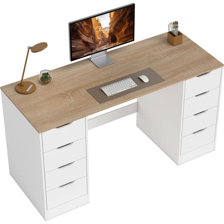 MELAYR, 140 cm Computertisch, 8 Schubladen, Schreibtisch für Homeoffice, Schlafzimmer, Stahl, Holz, Natur, Naturholz