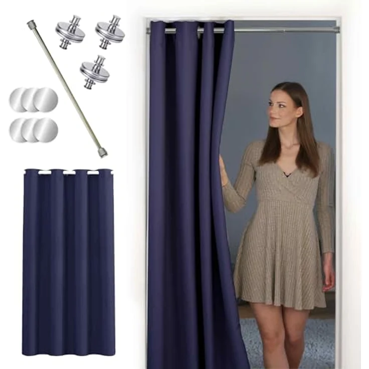 tinycurtains Türvorhang mit Stange silber 55-90 cm ohne Bohren, Thermo Vorhang Tür, Ösen, abdunkelnd, Polyester, blickdicht, dunkelblau Ocean, Türgardine mit Klemmstange, verdunkelnd – Bild 2