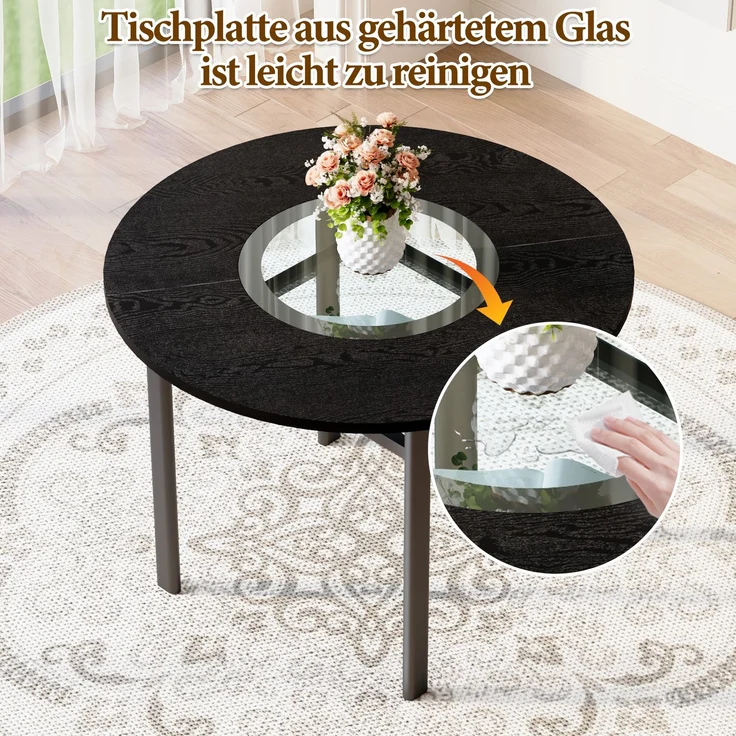 Esstisch-Set 76x100x100 cm in Schwarz mit Glasintarsie und 2 Essstühlen in Hellgrau – Bild 7