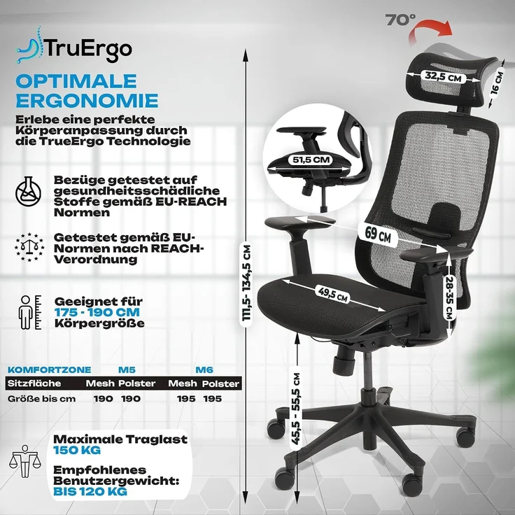 VALKENSTOL M5 MESH-SITZ Bürostuhl ergonomisch mit Mesh Sitz - 5 Jahre Garantie - 3D-Armlehnen - adaptive Lordosenstütze - verstellbare Sitztiefe – Bild 3