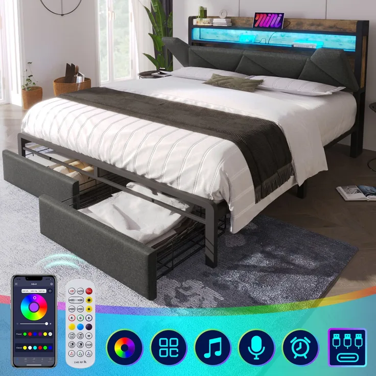 EINHOM Polsterbett mit USB Typ C Ladefunktion Stauraum-Kopfteil und LED-Beleuchtung und Schubladen, Doppelbett 140x200 Cmstauraumbetten Bettgestell mit Lattenrost aus Metallrahmen, Grau, (Ohne Matratze)