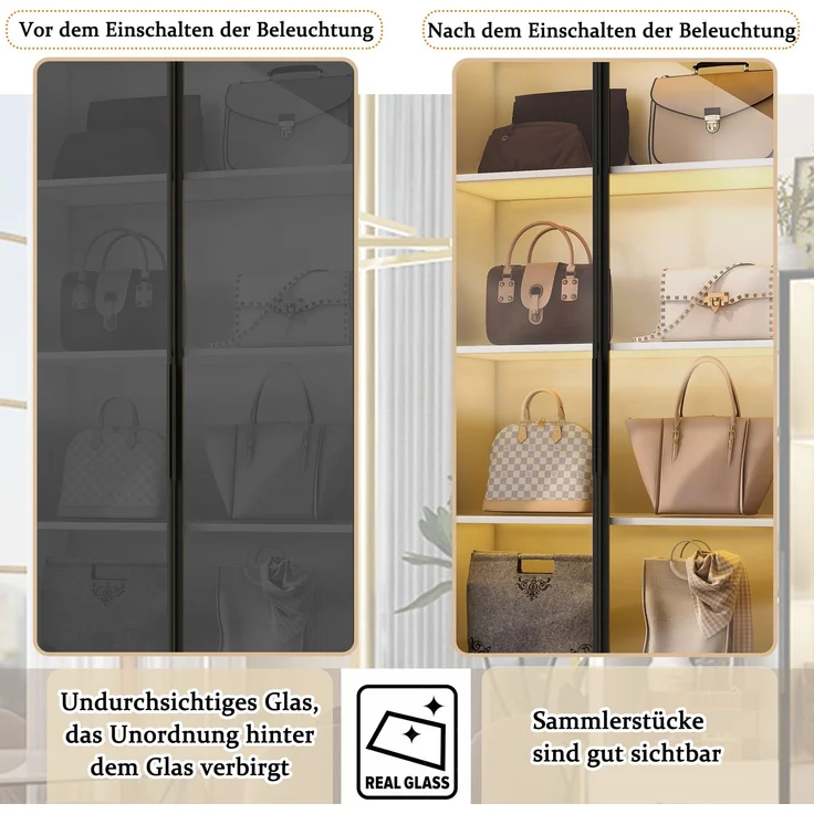 Vitrine 60x40x160 cm mit Sicherheitsglas, 7-farbiger LED-Beleuchtung und 2 Schubladen, Weiß – Bild 9