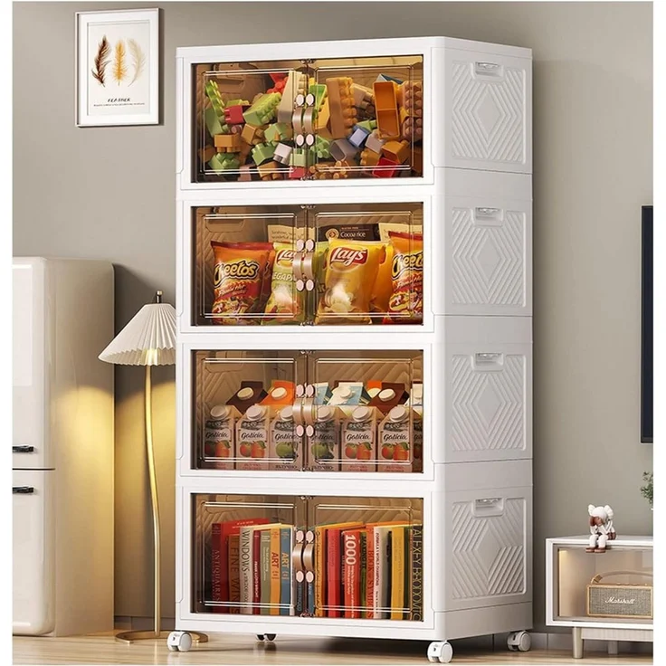 BlingBin Aufbewahrungsbox Faltbare Aufbewahrungsboxen 4er Set mit Deckeln, Türen und Rollen (4er Set, 4 St, 50 × 30 × 112.5 cm), platzsparender Organizer für Wohnzimmer, Küche und Schlafzimmer – Bild 1