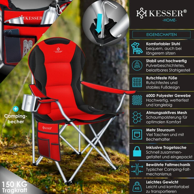 KESSER® Campingstuhl faltbar bis 150 kg Angelstuhl Faltstuhl Klappstuhl Gepolstert mit Armlehnen, Getränkehalter + Tasche mit hoher Rückenlehne, Strandstuhl, Klapphocker Rot / Schwarz – Bild 2