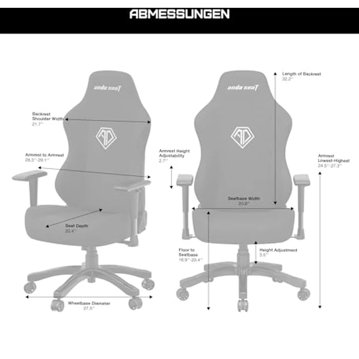 Anda Seat Phantom 3 Stoff Gaming Stuhl für Erwachsene – Ergonomisch PC Stuhl mit verstellbaren 2D Armlehnen, Kopfstütze & Lendenkissen, Bequemer Design, Belastbarkeit bis 90 kg, Schwarz – Bild 4