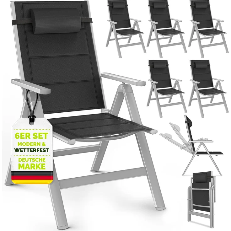 tillvex Gartenstuhl mit Polster Premium 6 Stück Silber klappbar aus Aluminium | Hochlehner mit Armlehnen | Klappstuhl verstellbar | Klappsessel Balkon Garten Terrasse – Bild 1