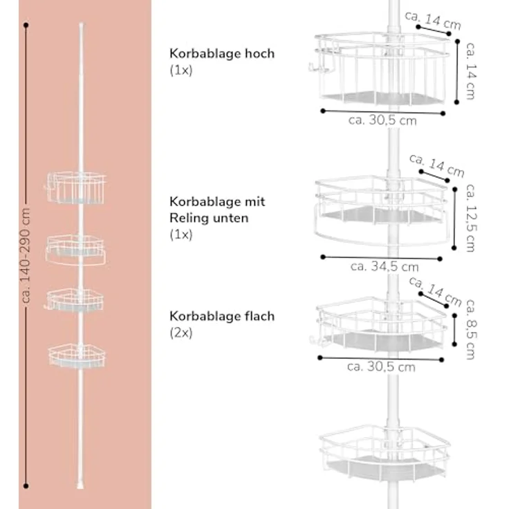 bremermann Teleskop-Eckregal, 4 Körbe, Stahl weiß, 30,5 x 8,5 x 292 cm – Bild 9