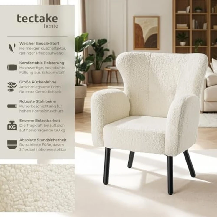 tectake Relaxsessel Polstersessel mit Bouclé-Bezug, Belastbarkeit 120 kg, 72 x 71 x 92 (Fernsehsessel Vänersborg, in Creme), breite Armlehnen, ergonomisch, Stahlbeine, höhenverstellbar – Bild 3