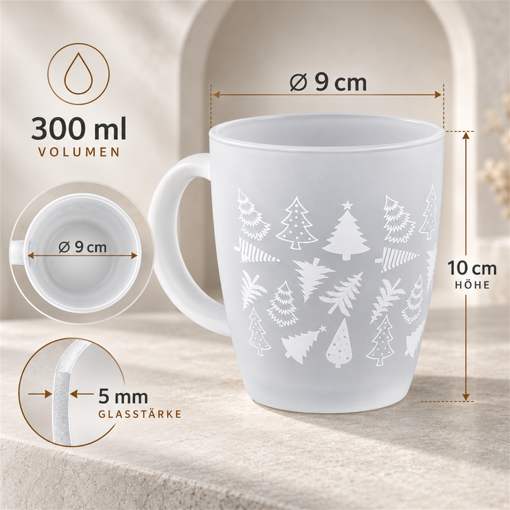 12x Weihnachts-Glastasse Frosted, ca. 300 ml, Weihnachtstasse mit verschiedenen festlichen Motiven, Weihnachtsbecher – Bild 2