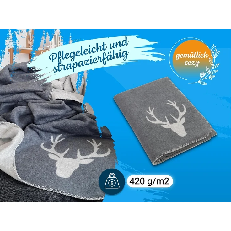 Wohndecke, ZOLLNER, mit Hirschkopf, Wendedecke, hochwertige Kettelnaht, 150 x 200 cm, 60% Baumwolle, 40% Polyacryl, vom Hotelwäschespezialist – Bild 5