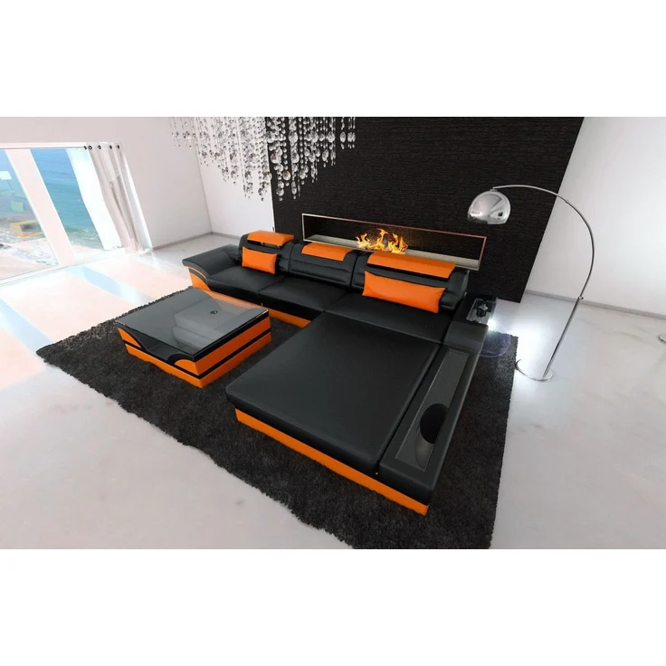 Mini Designer Ledersofa Parma L-Form - Kunstleder - Schwarz-Orange - Rechts – Bild 5