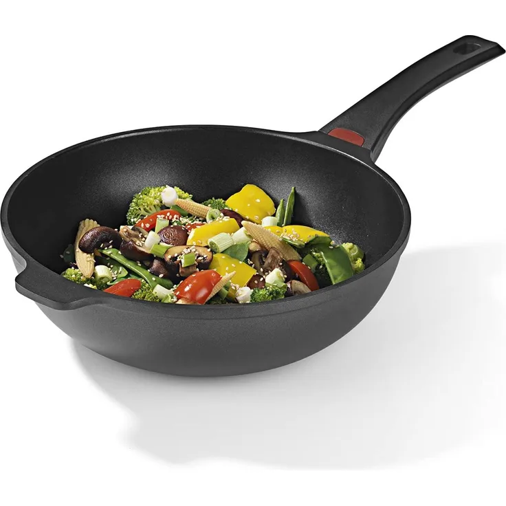 N8WERK Aluguss-Wokpfanne in der Midnight Edition 28 cm | Heat Indicator Farbwechsel-Temperaturanzeige, 3-fach Ilag-Ultimate Beschichtung für fettarmes Braten | Für alle Herdarten geeignet
