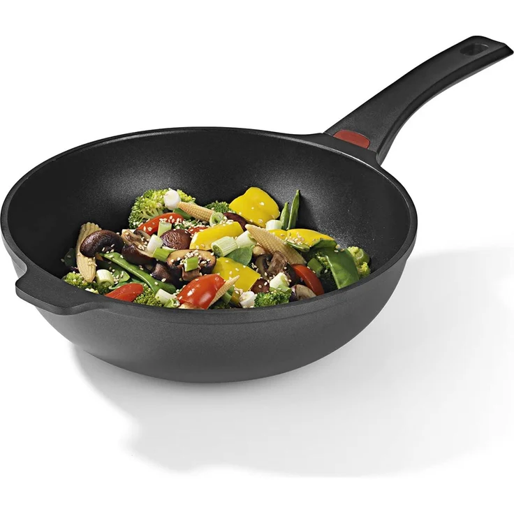 N8WERK Aluguss-Wokpfanne in der Midnight Edition 28 cm | Heat Indicator Farbwechsel-Temperaturanzeige, 3-fach Ilag-Ultimate Beschichtung für fettarmes Braten | Für alle Herdarten geeignet