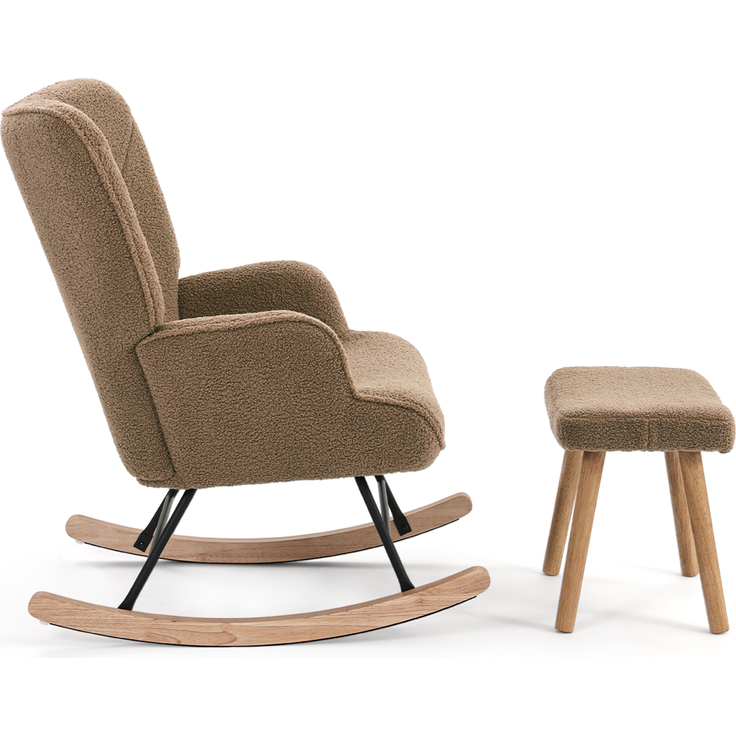 GOEURVANT 5006 Schaukelstuhl mit Hocker (Relaxsessel, Ohrensessel), Teddy-Stoff - Braun – Bild 3