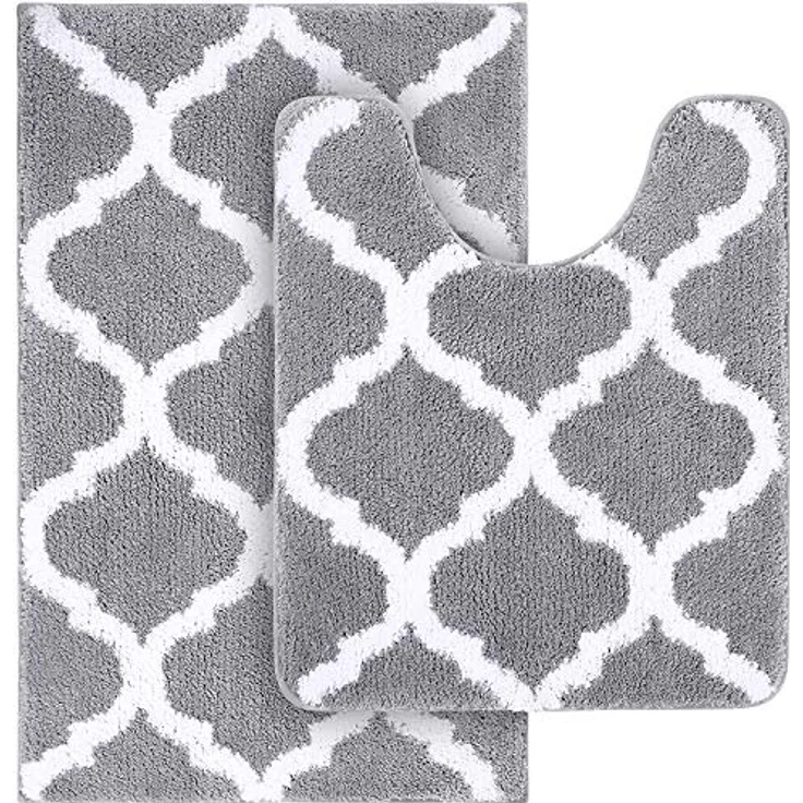 Homaxy rutschfest Badematten Set 2 teilig Weich Hochflor Bad WC Badezimmerteppich Set Mikrofaser Badvorleger Set 2teilig -Grau – Bild 2