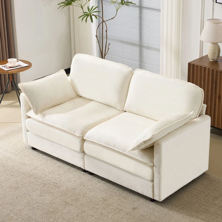 2-Sitzer Sofa mit Holzrahmen und Kordstoffbezug mit stabilen Holzfüßen, weichem atmungsaktivem Cord-Stoff,Weiß – Bild 2