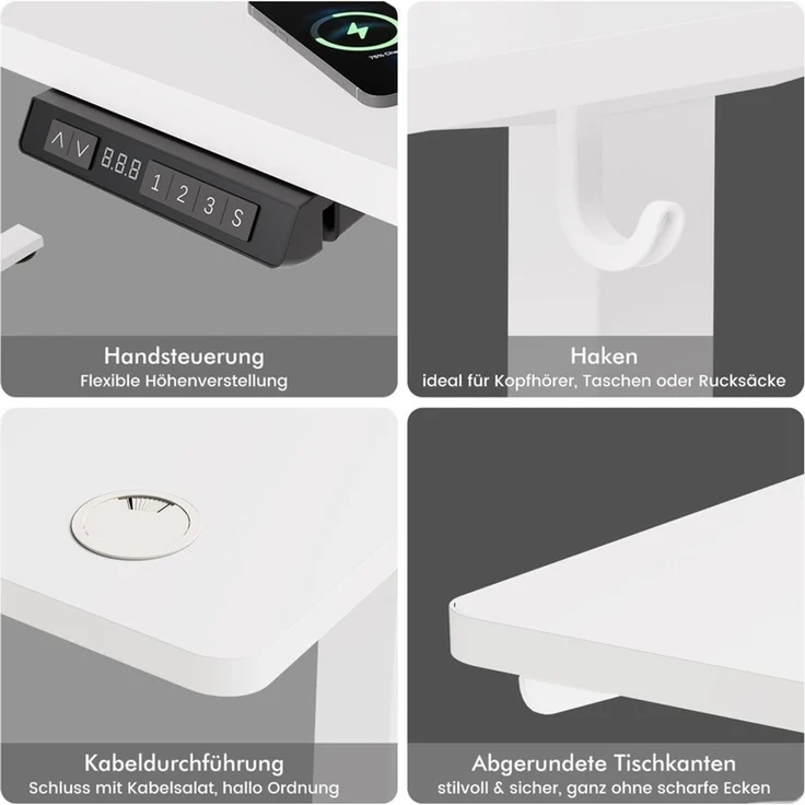 HOMAVO höhenverstellbarer Schreibtisch 80×180 cm, mit Memory- und Anti-Kollisionsfunktion, USB-A- und USB-C-Anschlüssen, Höhe 70–120 cm, Weiß – Bild 6