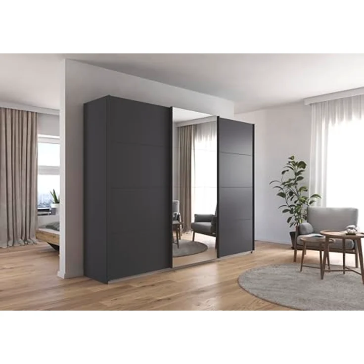 Rauch Möbel Kulmbach, Kleiderschrank mit Schwebetüren für Schlafzimmer, Kinderzimmer, Flur, 3-türig, mit Spiegel und Soft-Close-Funktion, Zubehör Premium, Farbe Grau metallic, Schwarz, Breite 271 cm – Bild 2