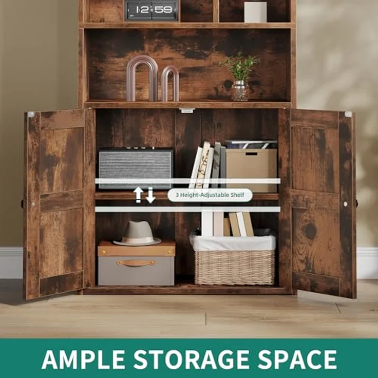 YITAHOME 4-stöckiges Bücherregal mit Türen und Schrank, freistehendes Bücherregal mit offenen Fächern für Zuhause, Büro, Wohnzimmer und Schlafzimmer, rustikales Braun, 60 x 30 x 159 cm – Bild 4