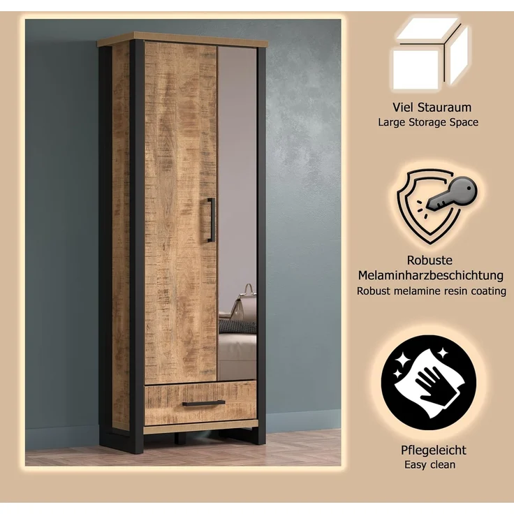 trendteam smart living – Enna – Garderobenschrank – Mango/Schwarz – Schrank mit 2 Türen, 1 Konstruktionsboden und 1 Schublade – (BxHxT) 73 x 195 x 39 cm – ausziehbare Kleiderstange – Bild 7