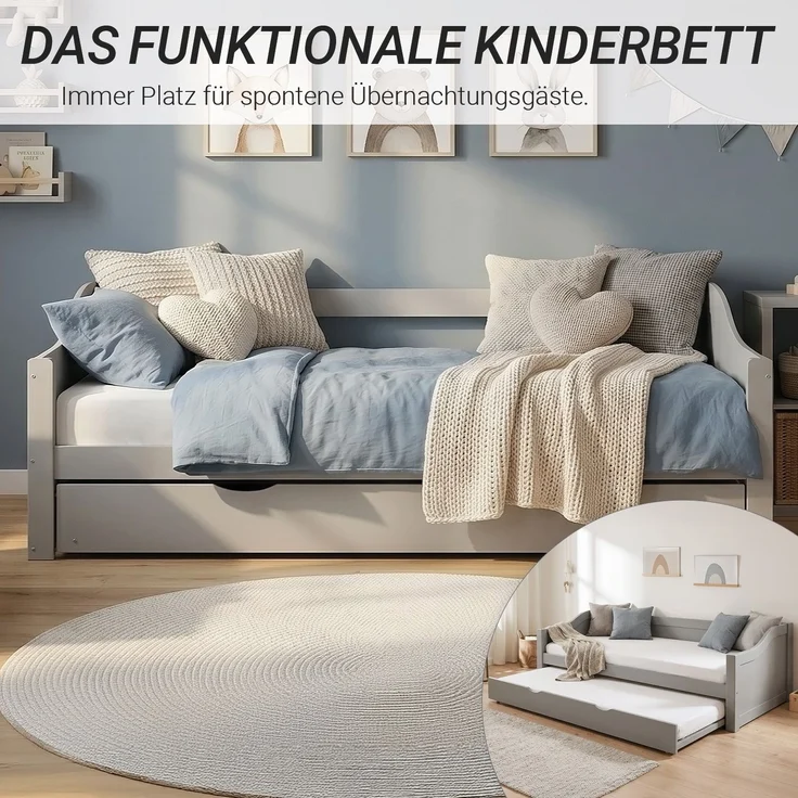 Gästebett Holzbett 90x200 cm mit 2 Matratzen Grau Tagesbett ausziehbar Jugendbett Ausziehbett Funktionsbett – Bild 5