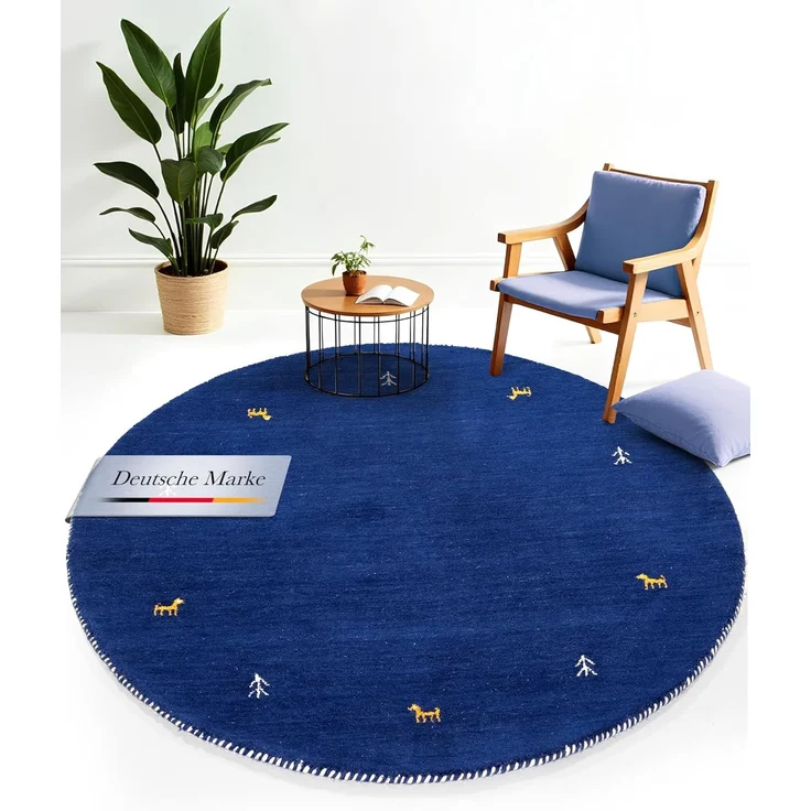 carpetfine 'Gabbeh Uni' Wollteppich, reine Wolle, Blau, Ø 250 cm – Bild 1