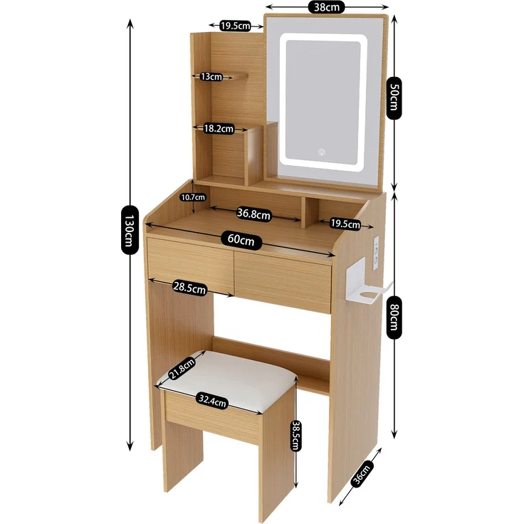 CHICFURN Schminktisch 60x130x36 cm aus MDF mit LED-Beleuchtung, Hocker und 2 Schubladen – Naturholz – Bild 10