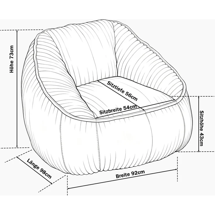 Sitzsack aus Cord mit Schaumstofffüllung, 98x92x73 cm, Beige – Bild 3