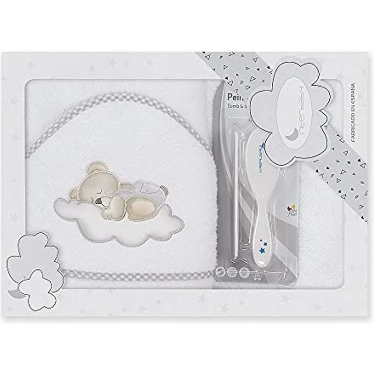 Interbaby P1178-18 Baby Kapuzenbadetuch OSITO BAÑERA weiss e grau mit Kamm und Bürste, grau – Bild 1