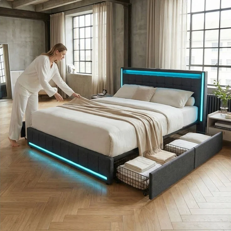 Simurq Polsterbett 180 x 200 cm Doppelbett mit LED Beleuchtung und Ladefunktion (Mit Komforthöhe Lattenrost, Leises Design Bett), Jugendbett 4 Schubladen Stauraumbett, in 2 Größen verfügbar – Bild 2