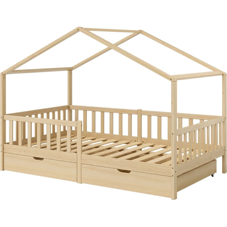 Bellabino 'Bia' Hausbett 120x200 cm mit Matratze und 2 Schubladen, natur, Kiefer Massivholz, Montessori Kinderbett mit Stauraum, inkl. Rausfallschutz und Lattenrost – Bild 2
