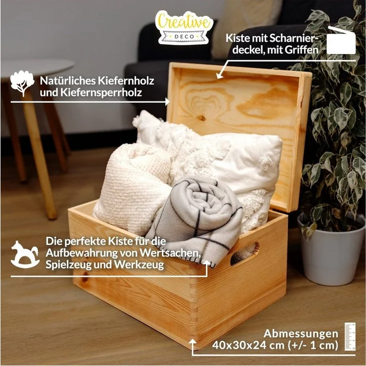 Creative Deco Holzkiste mit Deckel XXL groß 40x30x24 cm Erinnerungsbox Baby Holzbox, mit Griffen, Scharnieren – Bild 3
