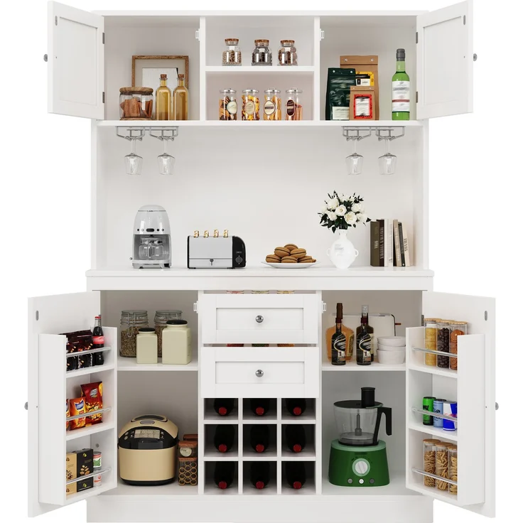 Sideboard 120x40x188 cm in Weiß, mit 4 Türen, 2 Schubladen, offenen Fächern und Weinregal – Bild 7