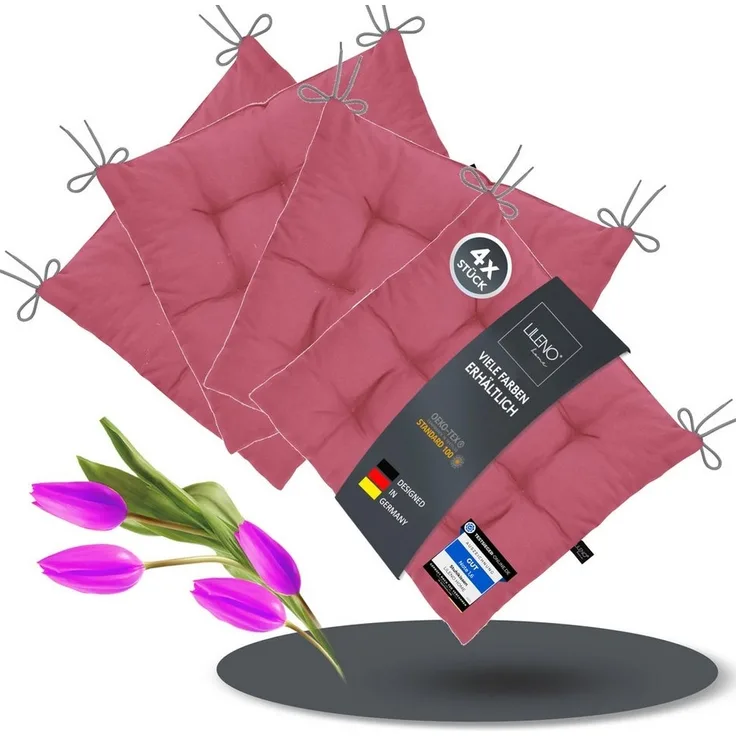 LILENO HOME Stuhlkissen Sitzkissen für Gartenstuhl, Küchenstuhl oder Esszimmerstuhl 40 x 40 x 6 cm, Bequeme Indoor u. Outdoor Stuhlauflage als Stuhl Kissen Pink
