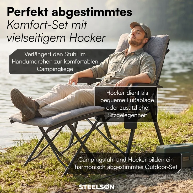 STEELSØN 'Hoggar' Set aus Campingstuhl mit Seitentasche & Getränkehalter und Hocker, faltbar, grau, gepolsterter Campingstuhl, bis 150 kg – Bild 8