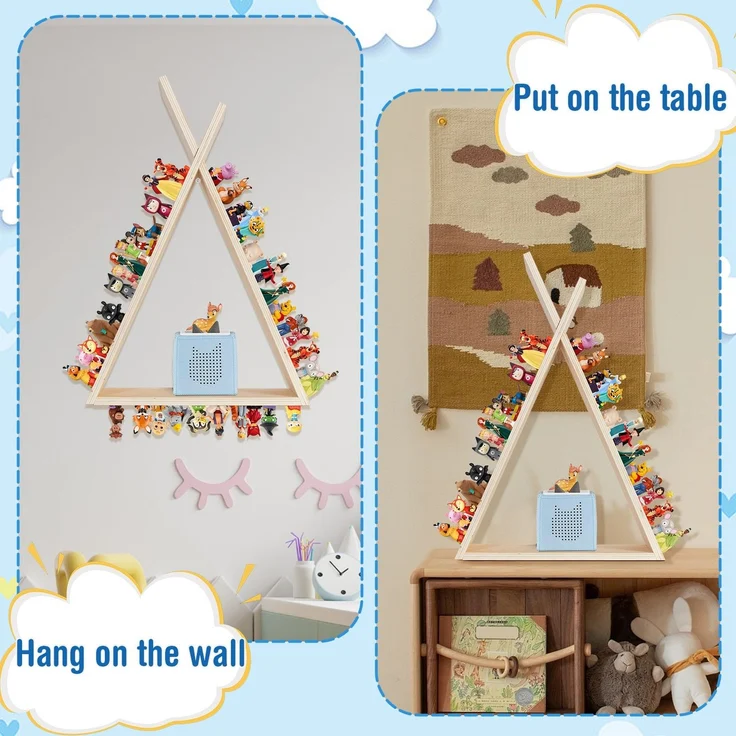 Todeco Tonie-Regal für Toniebox Hörfiguren, Magnetische Aufbewahrung für 70-80 Tonie, Wandregal und Schreibtischregal, Kinderregal für Mädchen & Jungen, Dreiecke – Bild 3