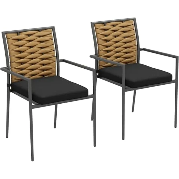 Outsunny 2er-Set Rattan Gartenstuhl Gartensessel Set mit Kissen, Stapelbarer Gartenstuhl, Balkonstuhl für Terrasse, Stahl, 57 x 58 x 87 cm, Schwarz