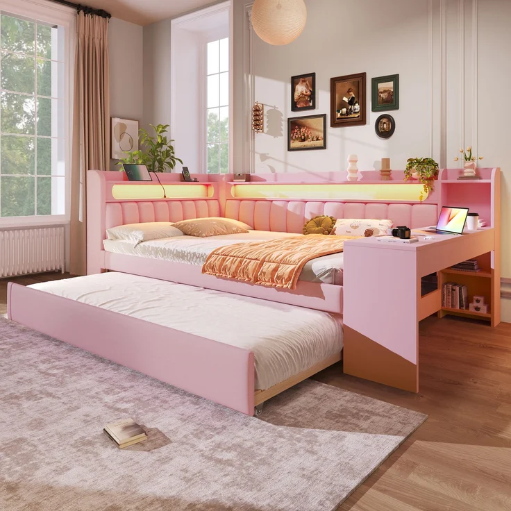 Gepolstertes 140x200 Tagesbett mit USB-Anschlüssen und LED-Gürtel, mit Ausziehbett und Schreibtisch, Rosa – Bild 4
